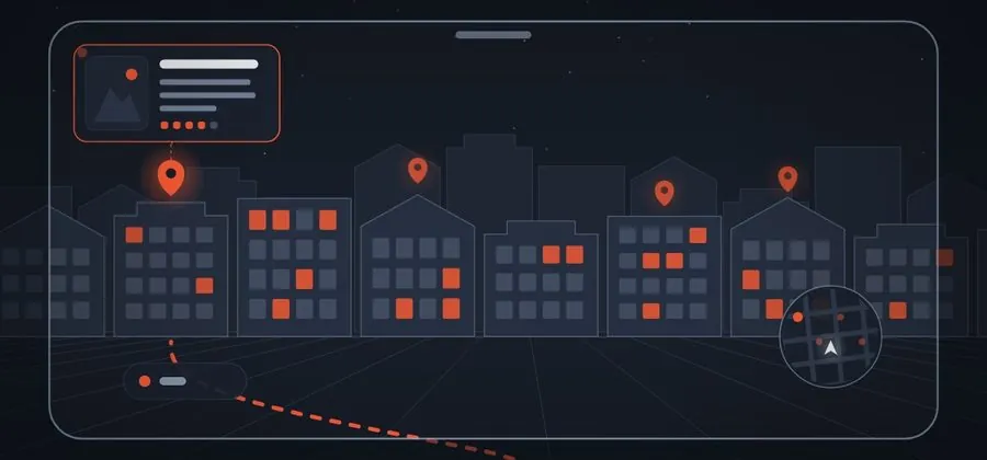 Illustration of the city guide: a route between landmarks and a historic building shown in AR