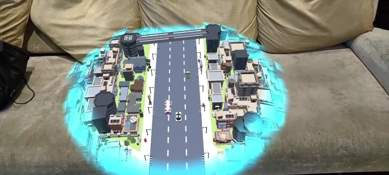 A whole floating city appears, full of traffic to dodge